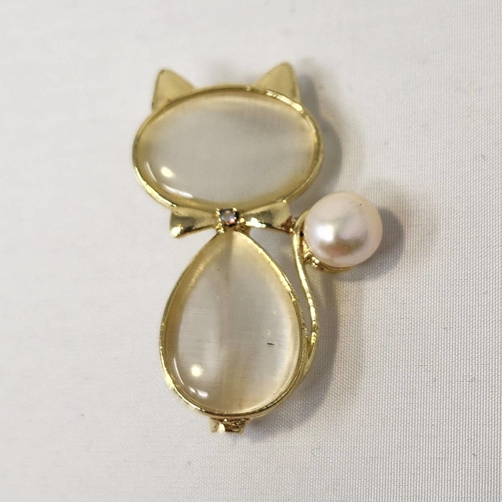 Opaque Glass Cat Feline Silhouette Brooch Pin Faux Pearl Pink Rhinestone Bow